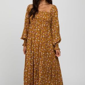 Pinkblush Mustard Floral Long Sleeve Smocked Maxi Dress